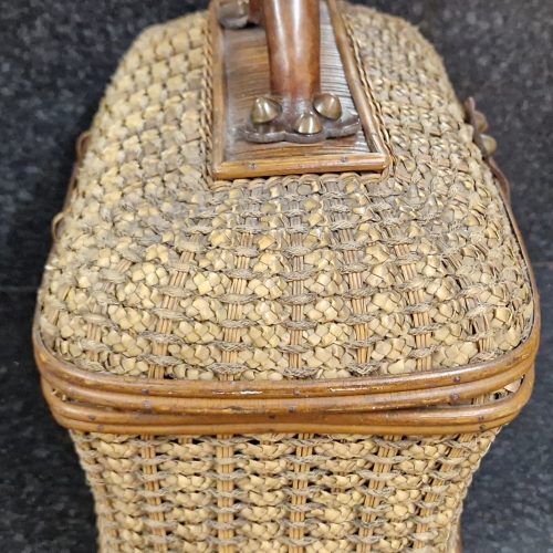Wicker Lidded Basket Leather Metal Clasp & Handle Sewing Storage Antique - Image 2