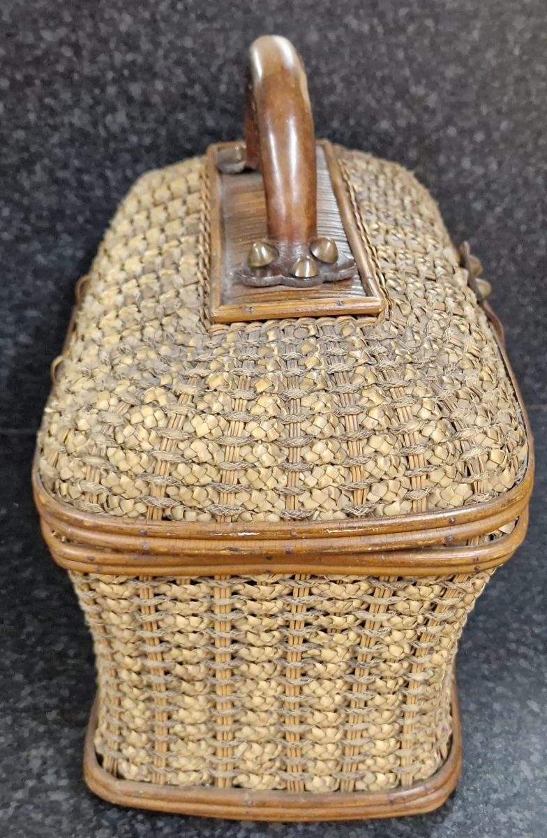 Wicker Lidded Basket Leather Metal Clasp & Handle Sewing Storage Antique - Image 2
