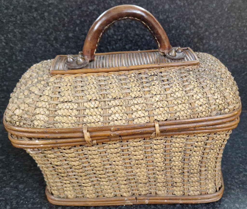 Wicker Lidded Basket Leather Metal Clasp & Handle Sewing Storage Antique