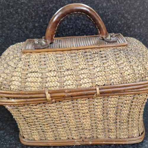 Wicker Lidded Basket Leather Metal Clasp & Handle Sewing Storage Antique - Image 3