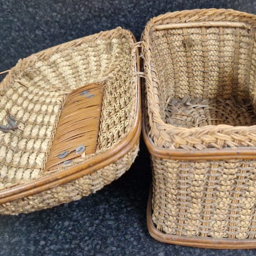 Wicker Lidded Basket Leather Metal Clasp & Handle Sewing Storage Antique - Image 5