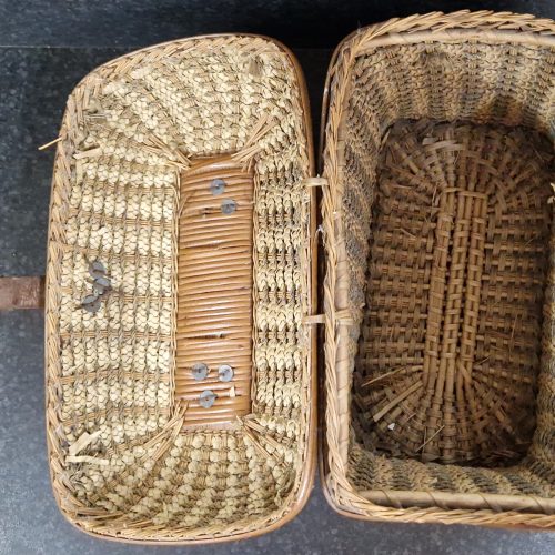Wicker Lidded Basket Leather Metal Clasp & Handle Sewing Storage Antique - Image 6