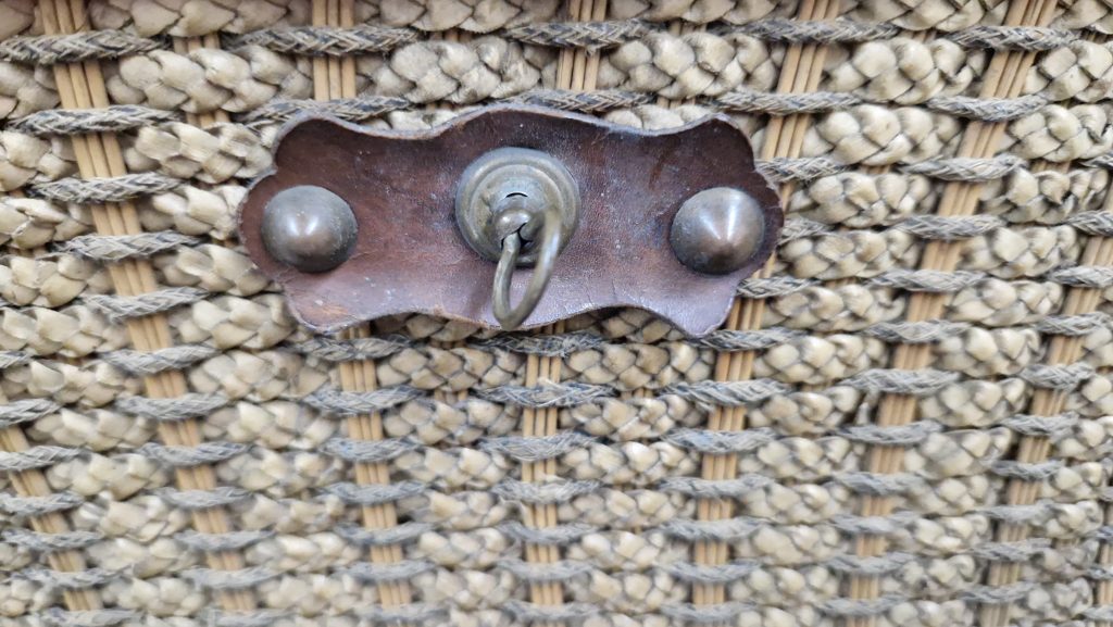 Wicker Lidded Basket Leather Metal Clasp & Handle Sewing Storage Antique