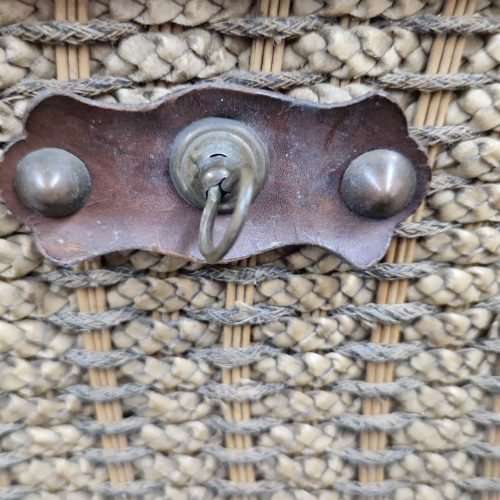 Wicker Lidded Basket Leather Metal Clasp & Handle Sewing Storage Antique - Image 9