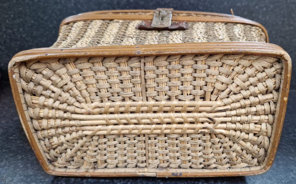 Wicker Lidded Basket Leather Metal Clasp & Handle Sewing Storage Antique