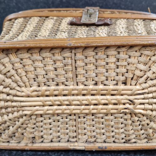 Wicker Lidded Basket Leather Metal Clasp & Handle Sewing Storage Antique - Image 10
