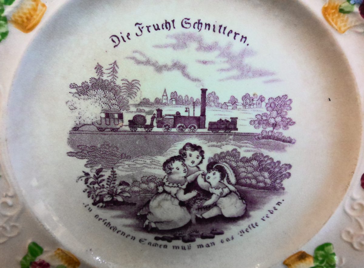 Nursery Plate Wedgwood Pottery German Text Fruchtschnittern Antique - Image 7