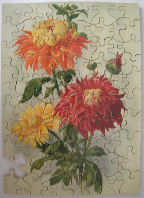 Jigsaw Puzzle Photochrom Wooden 100pc CHRYSANTHEMUMS Vintage